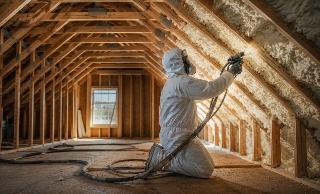 Installation d’isolation à la mousse polyuréthane dans un grenier résidentiel à Halifax par Acadian Spray Foam.