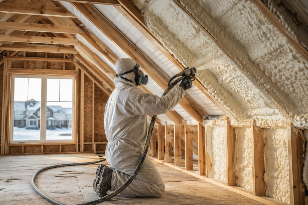 Installateur professionnel de mousse polyuréthane appliquant de l’isolation dans un grenier résidentiel à Moncton, au Nouveau-Brunswick.